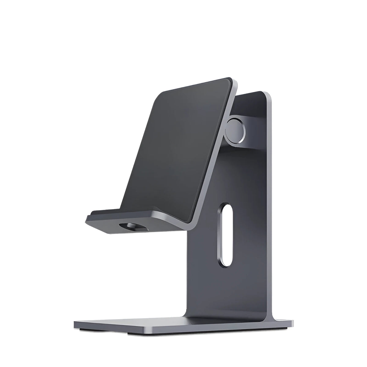 Alloy mobile phone holder bracket on desktop in dark space gray colour holding smartphone