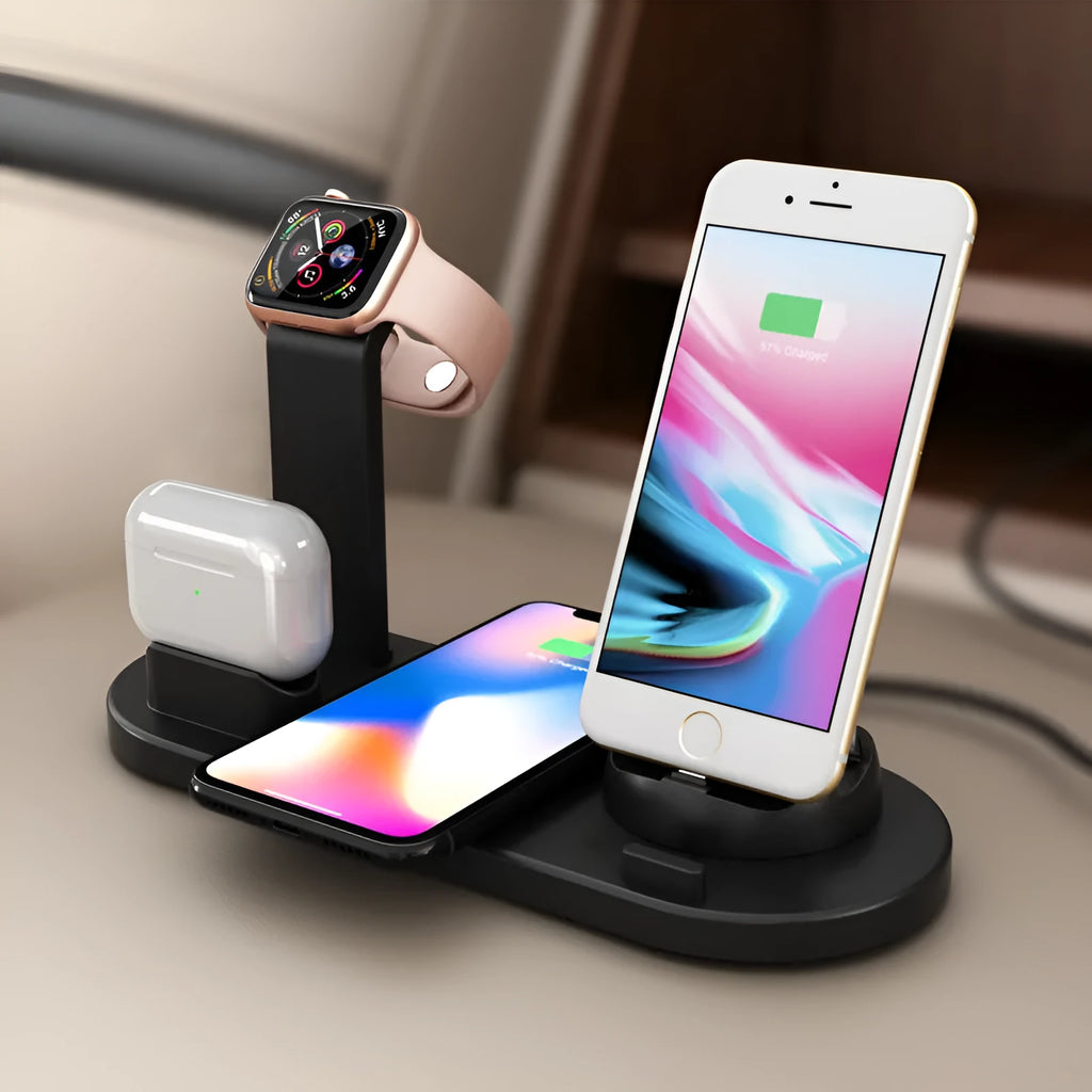 Three-in-one wireless charging station with watch charging stand and headset charging area