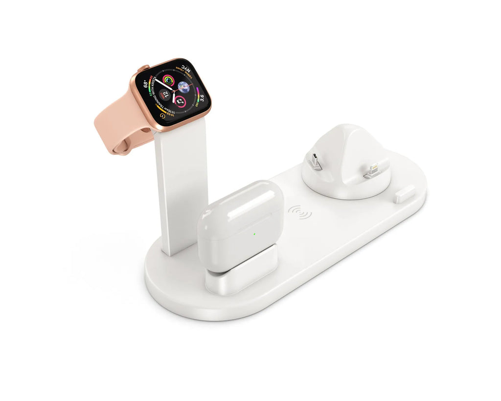 Three-in-one wireless charging station with watch charging stand and headset charging area