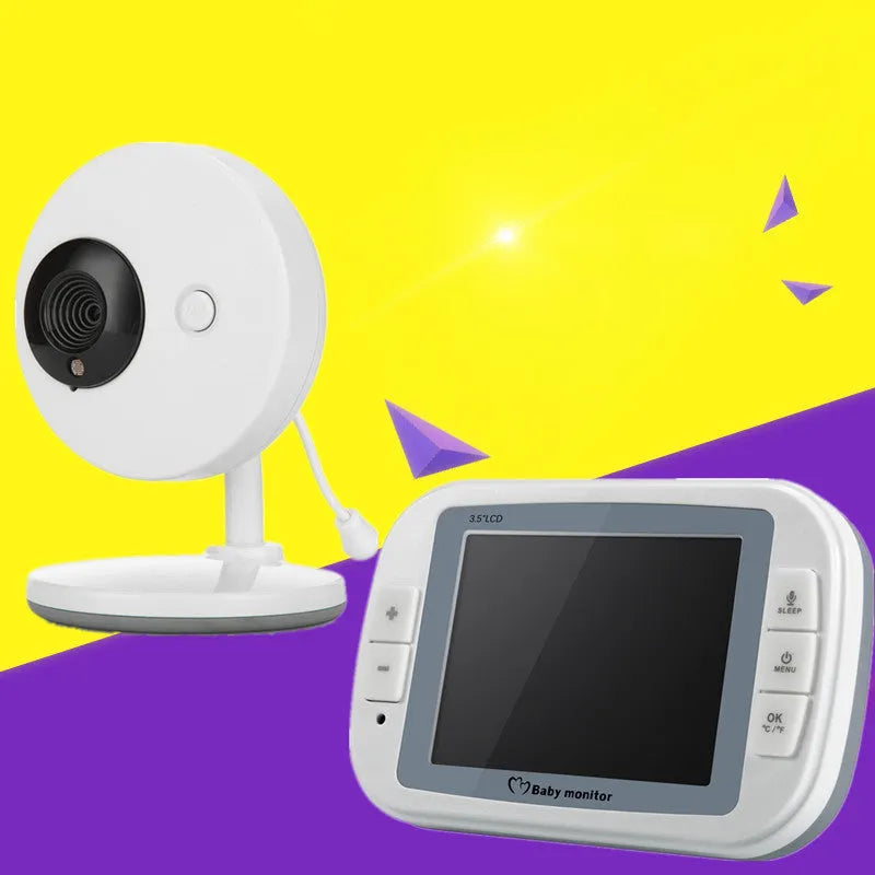 White 3.5 inch digital wireless baby monitor with camera unit on display stand