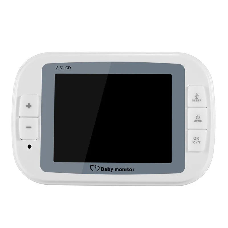 White 3.5 inch digital wireless baby monitor with camera unit on display stand