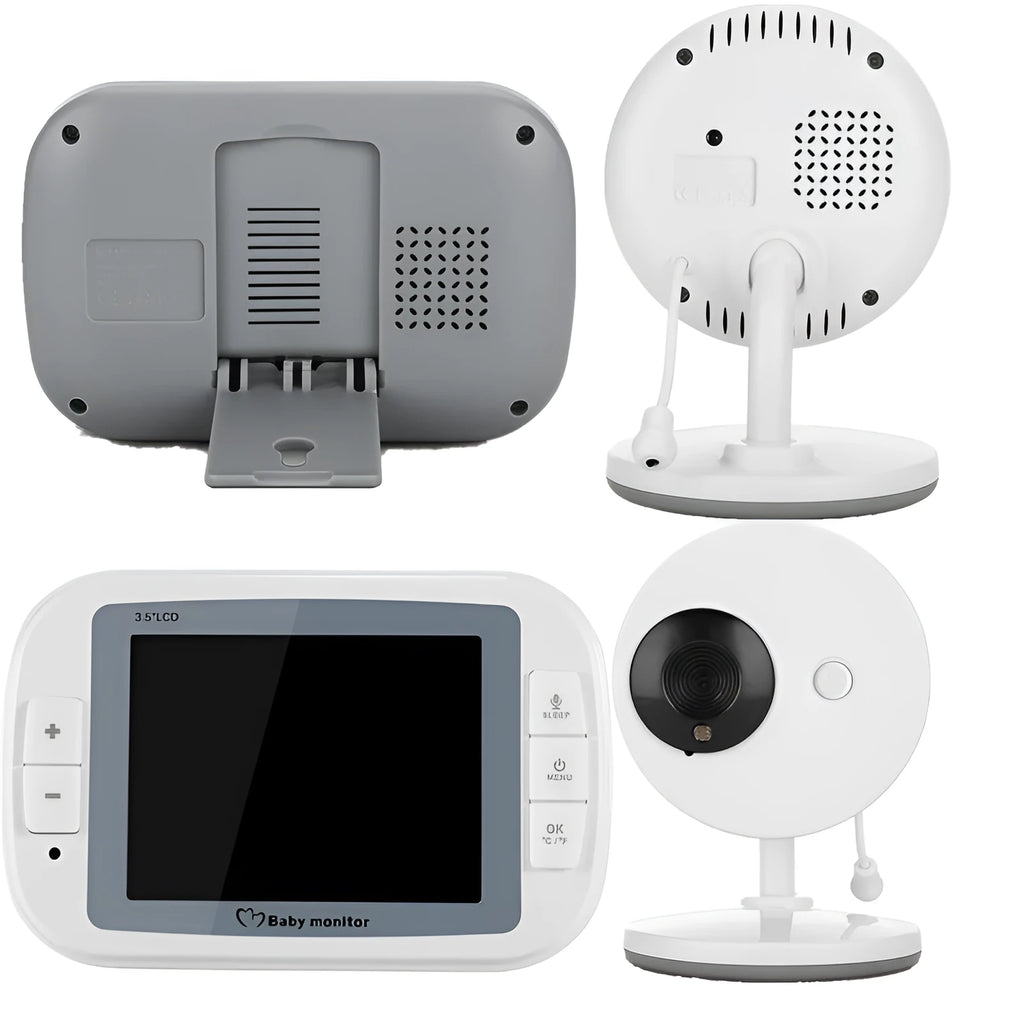 White 3.5 inch digital wireless baby monitor with camera unit on display stand