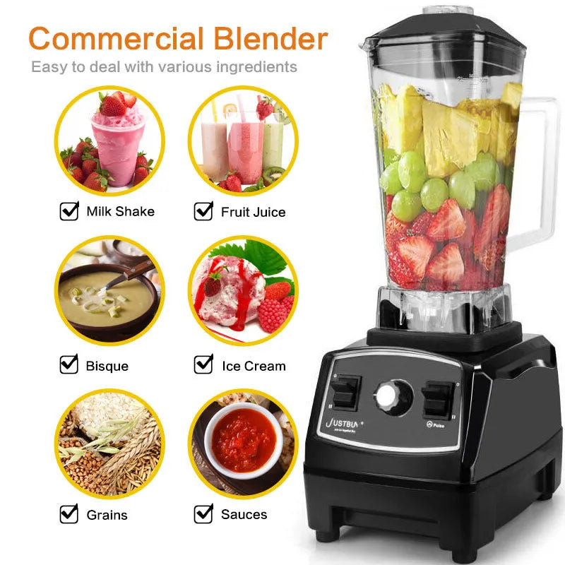 2200W commercial blender with 2-litre jug in black or red, showing powerful motor base and blending blades.