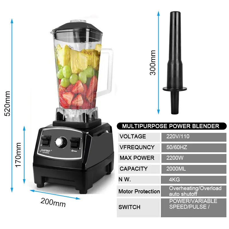 2200W commercial blender with 2-litre jug in black or red, showing powerful motor base and blending blades.