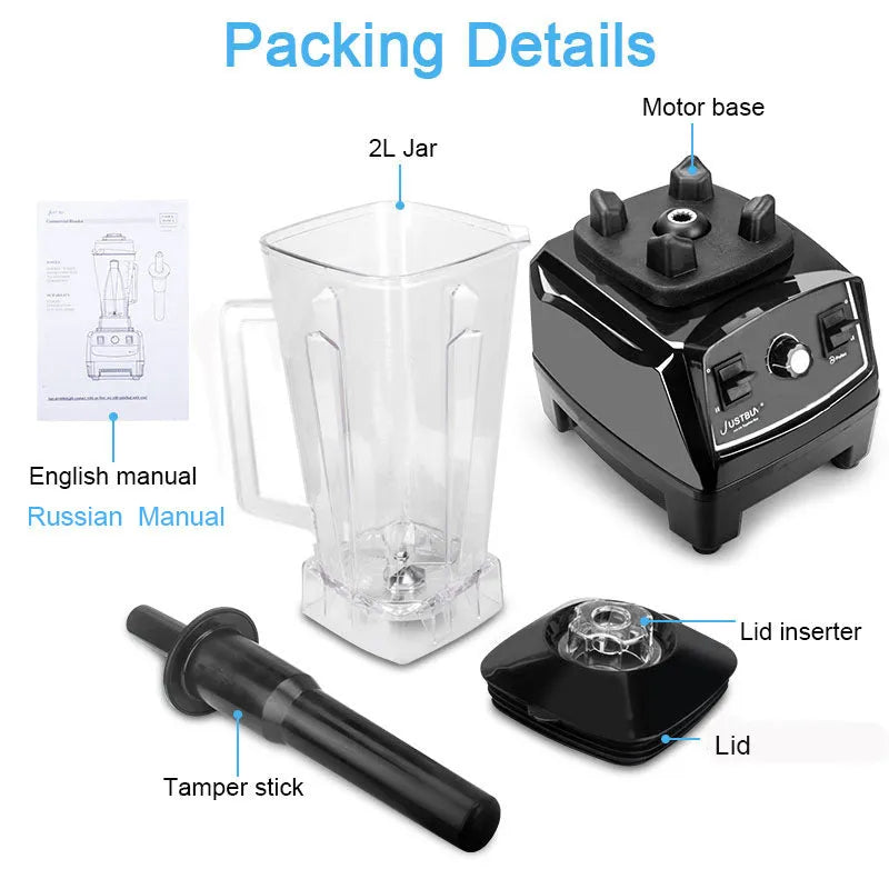 2200W commercial blender with 2-litre jug in black or red, showing powerful motor base and blending blades.