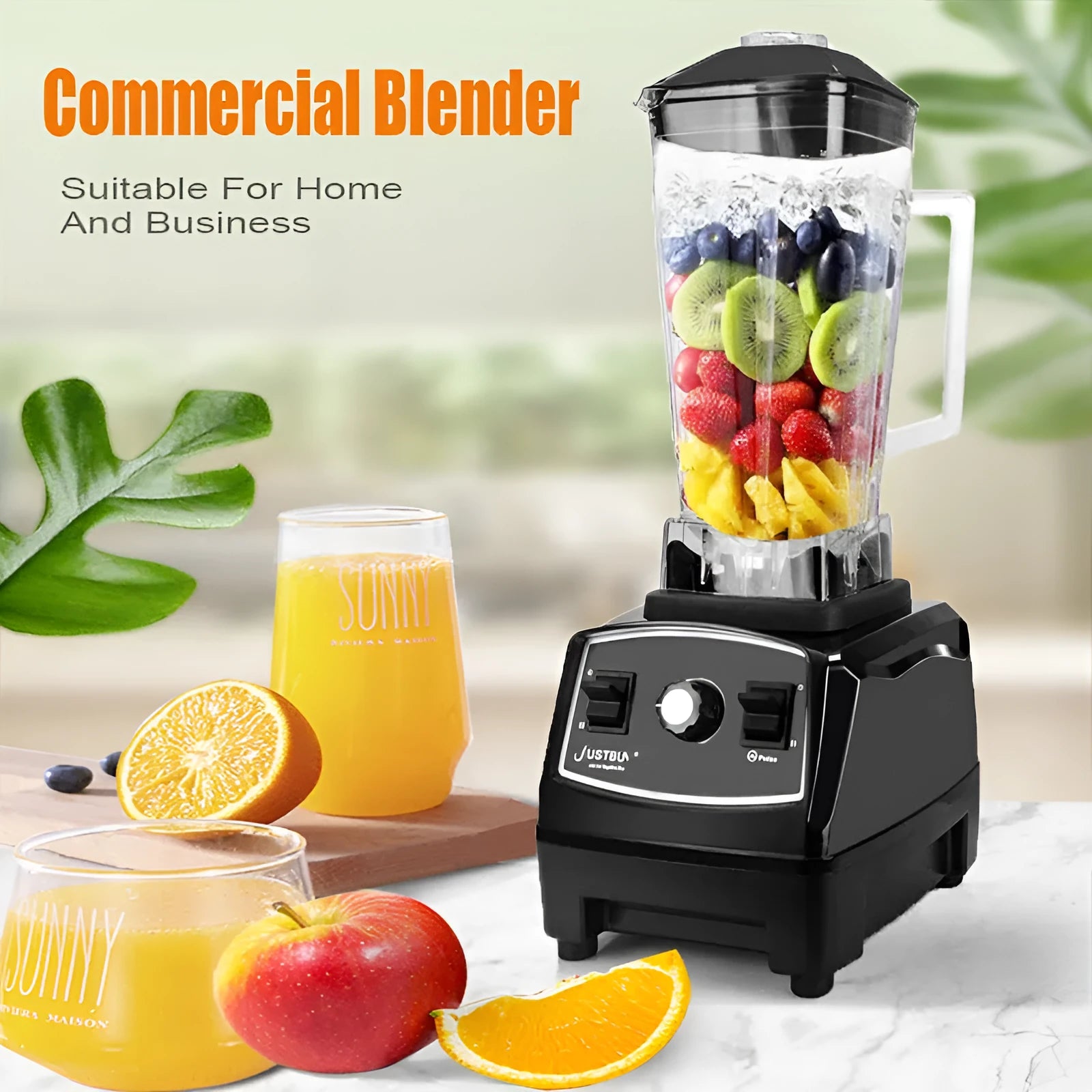 2200W commercial blender with 2-litre jug in black or red, showing powerful motor base and blending blades.