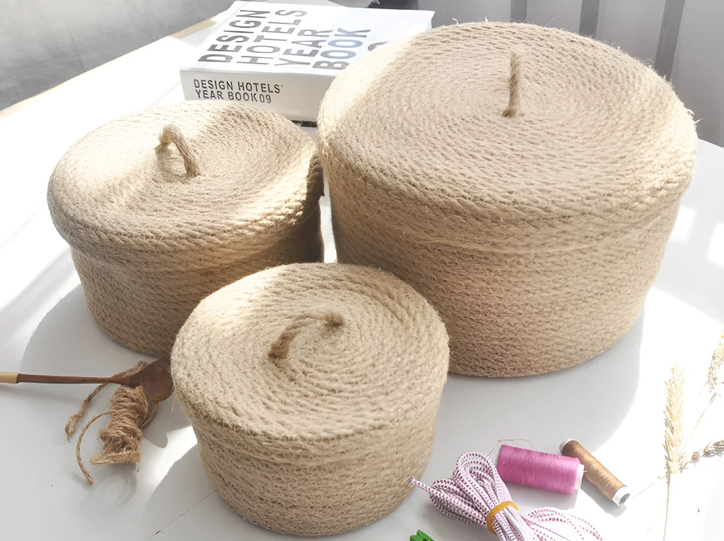 Japanese style linen fabric storage basket with dustproof cover for underwear organisation in three sizes