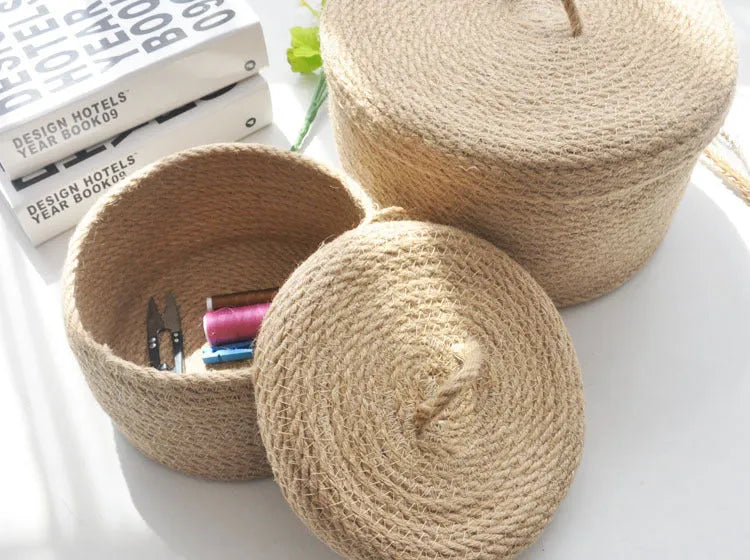 Japanese style linen fabric storage basket with dustproof cover for underwear organisation in three sizes