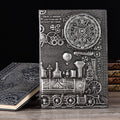 Retro notepad diary with embossed cover in bronze, silver, or green colours, sized 21.5 by 14.5 cm