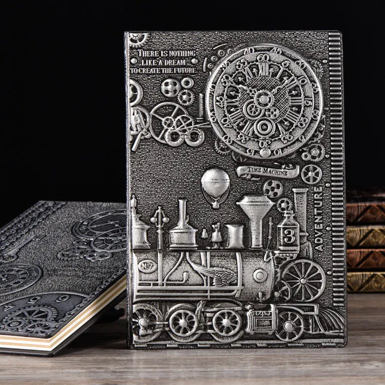 Retro notepad diary with embossed cover in bronze, silver, or green colours, sized 21.5 by 14.5 cm