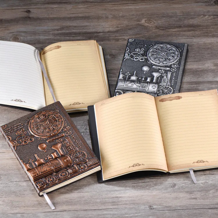 Retro notepad diary with embossed cover in bronze, silver, or green colours, sized 21.5 by 14.5 cm
