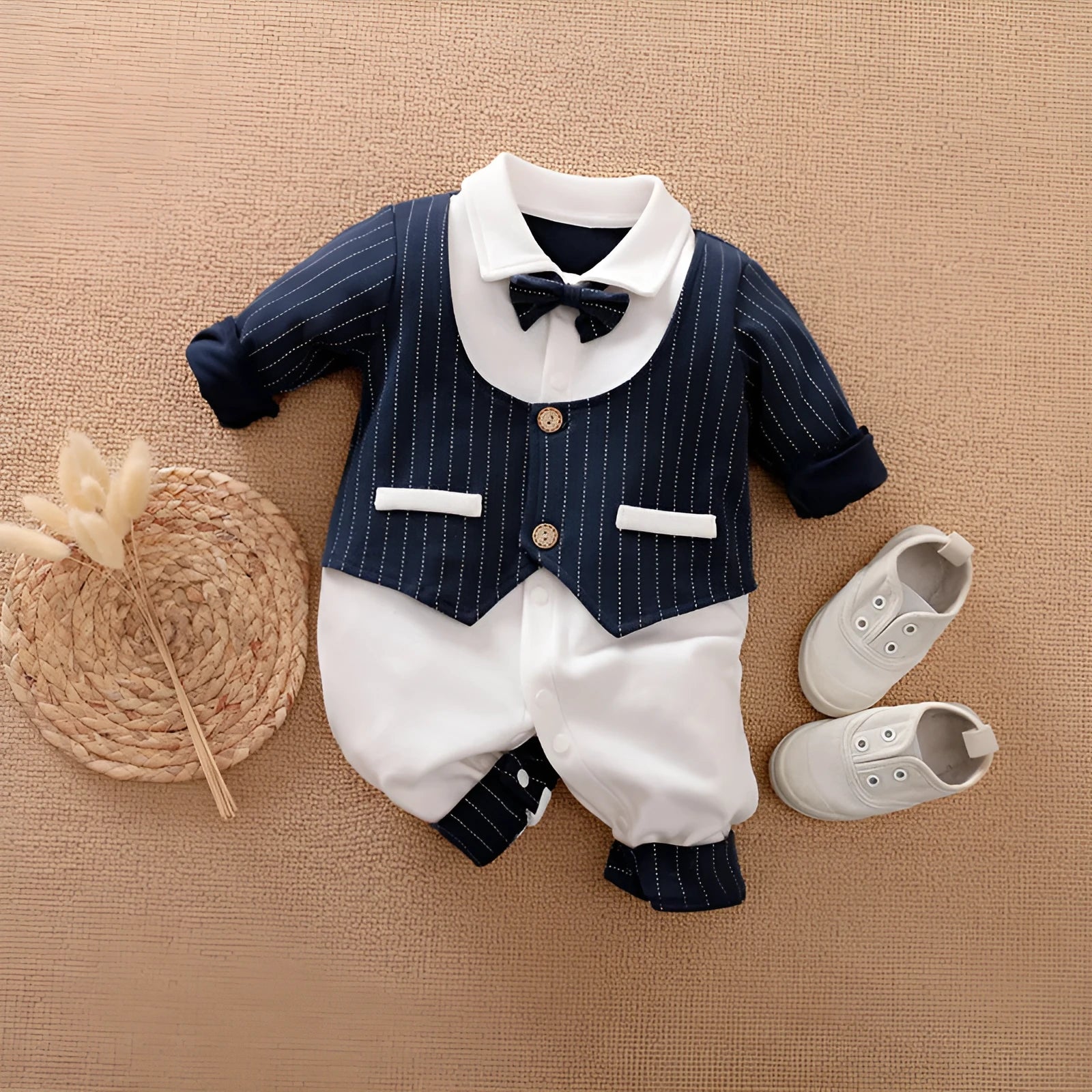 Baby boy in a long-sleeved cotton jumpsuit, gentleman style, for spring or autumn.