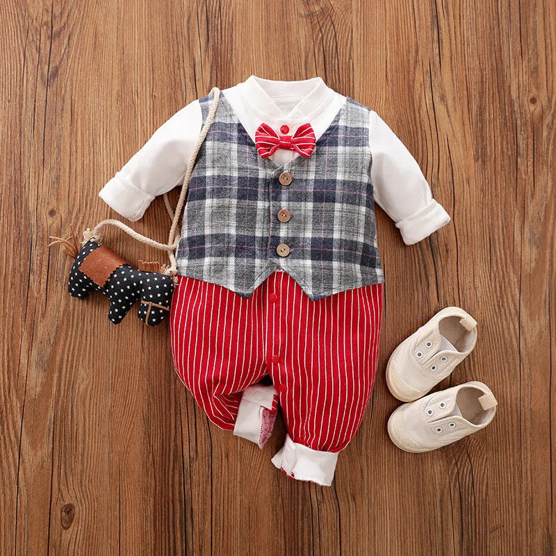 Baby boy in a long-sleeved cotton jumpsuit, gentleman style, for spring or autumn.