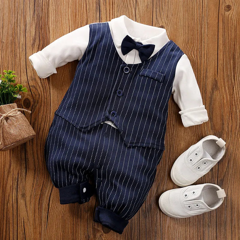 Baby boy in a long-sleeved cotton jumpsuit, gentleman style, for spring or autumn.