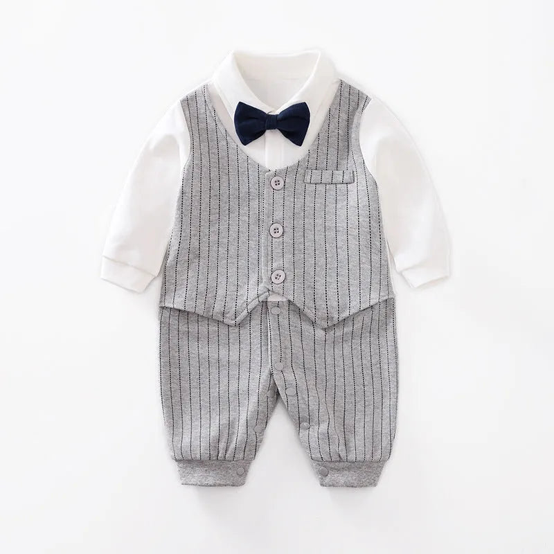 Baby boy in a long-sleeved cotton jumpsuit, gentleman style, for spring or autumn.