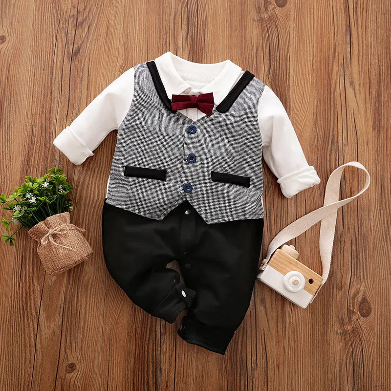 Baby boy in a long-sleeved cotton jumpsuit, gentleman style, for spring or autumn.