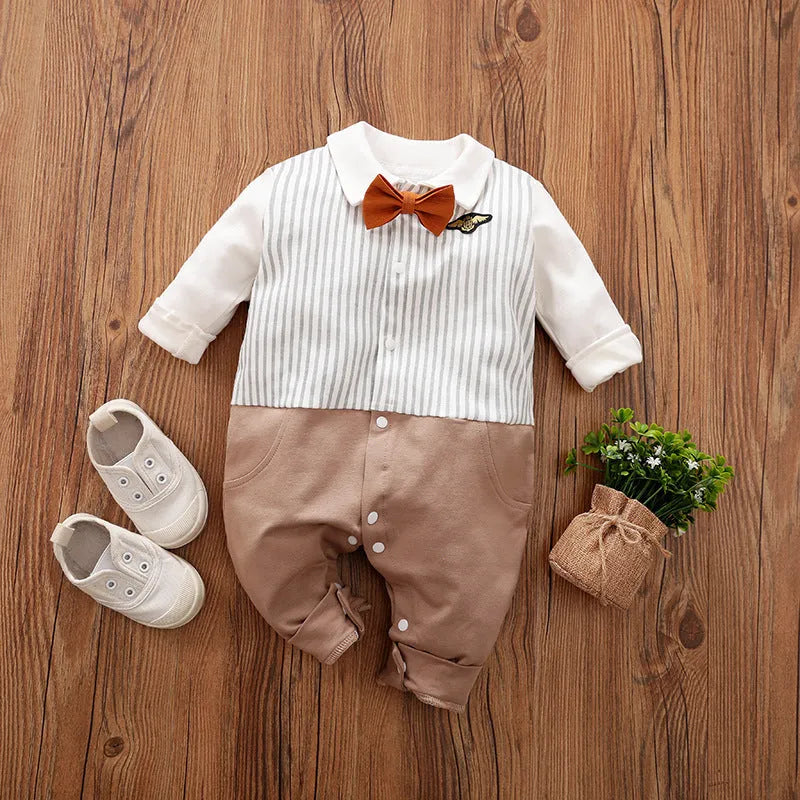 Baby boy in a long-sleeved cotton jumpsuit, gentleman style, for spring or autumn.