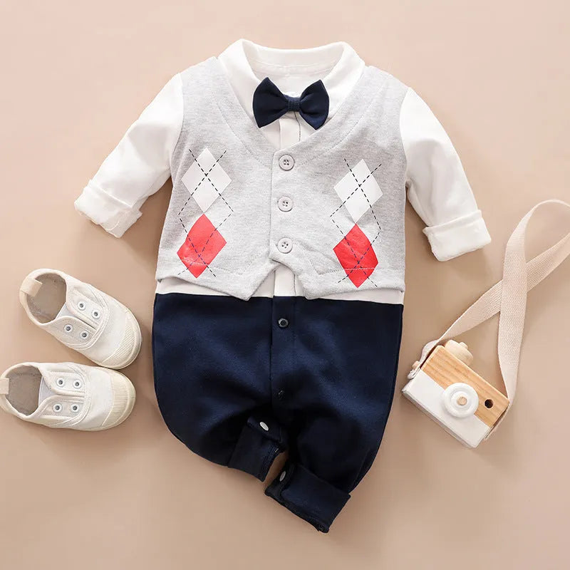 Baby boy in a long-sleeved cotton jumpsuit, gentleman style, for spring or autumn.