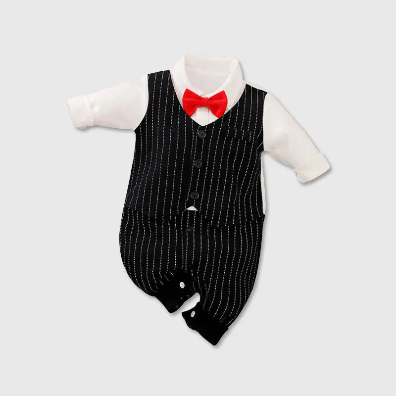 Baby boy in a long-sleeved cotton jumpsuit, gentleman style, for spring or autumn.