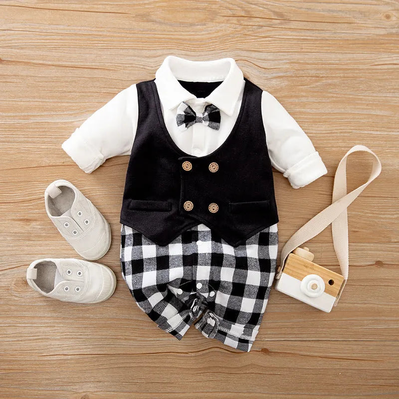 Baby boy in a long-sleeved cotton jumpsuit, gentleman style, for spring or autumn.