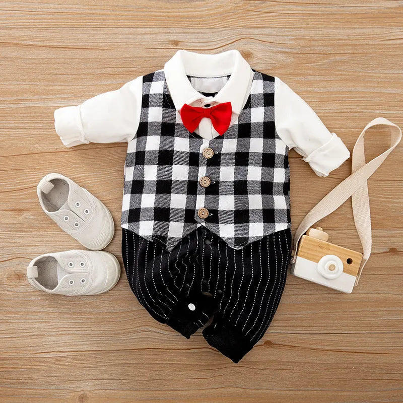 Baby boy in a long-sleeved cotton jumpsuit, gentleman style, for spring or autumn.