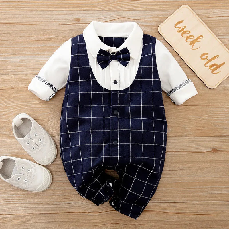 Baby boy in a long-sleeved cotton jumpsuit, gentleman style, for spring or autumn.