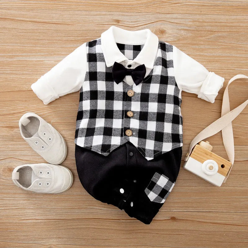 Baby boy in a long-sleeved cotton jumpsuit, gentleman style, for spring or autumn.
