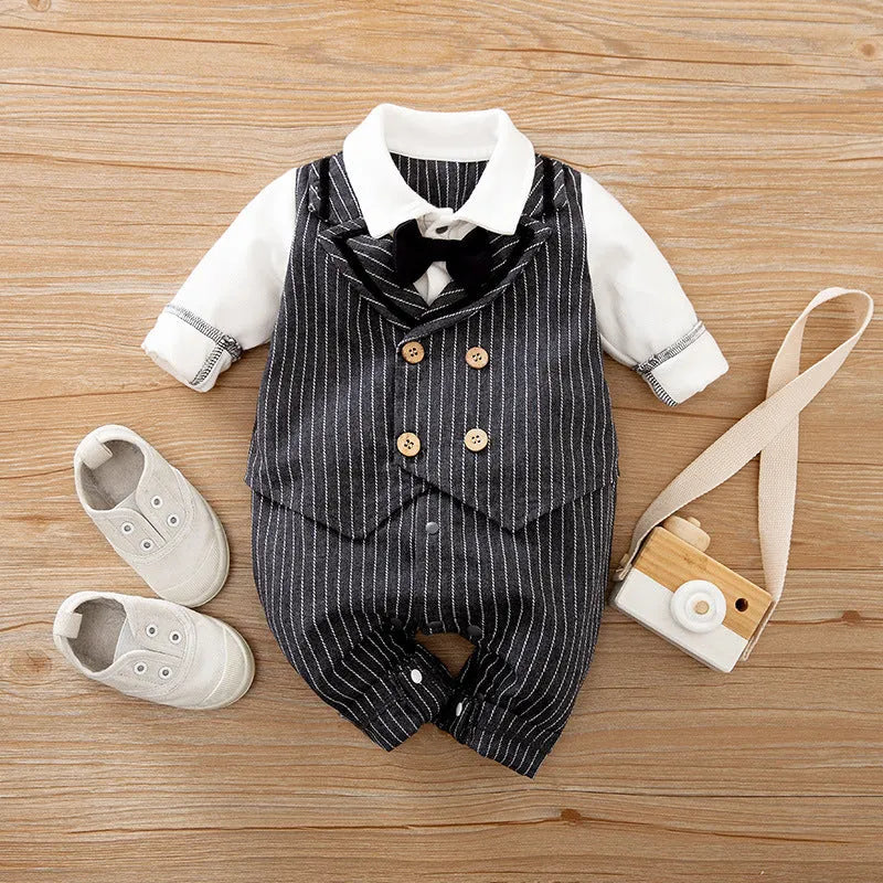 Baby boy in a long-sleeved cotton jumpsuit, gentleman style, for spring or autumn.