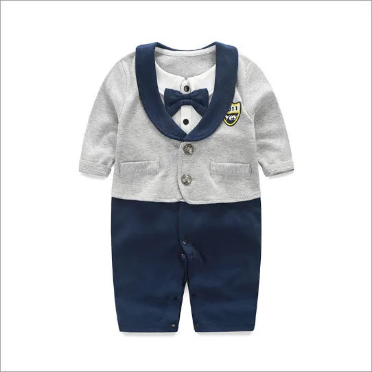 Baby boy in a long-sleeved cotton jumpsuit, gentleman style, for spring or autumn.