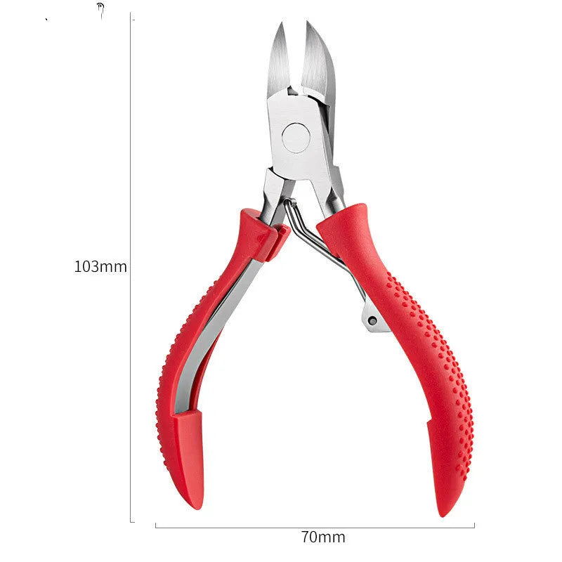 Stainless steel nail clipper set with ABS handles in red, black, and blue colours