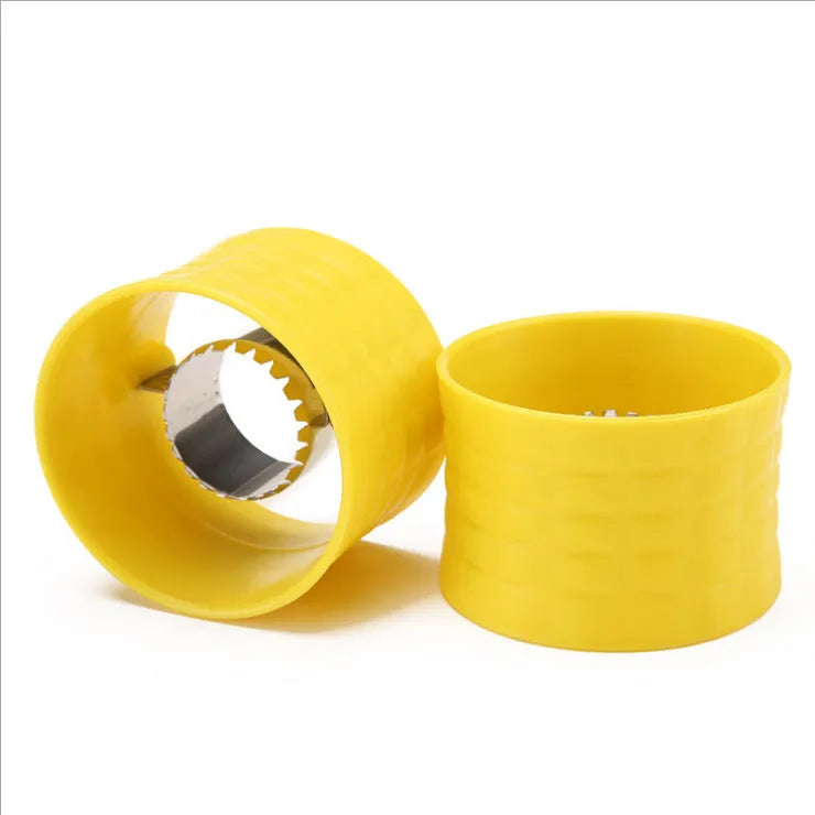 Yellow manual corn grinder thresher with corn-shaped PP handle and stainless steel gear.