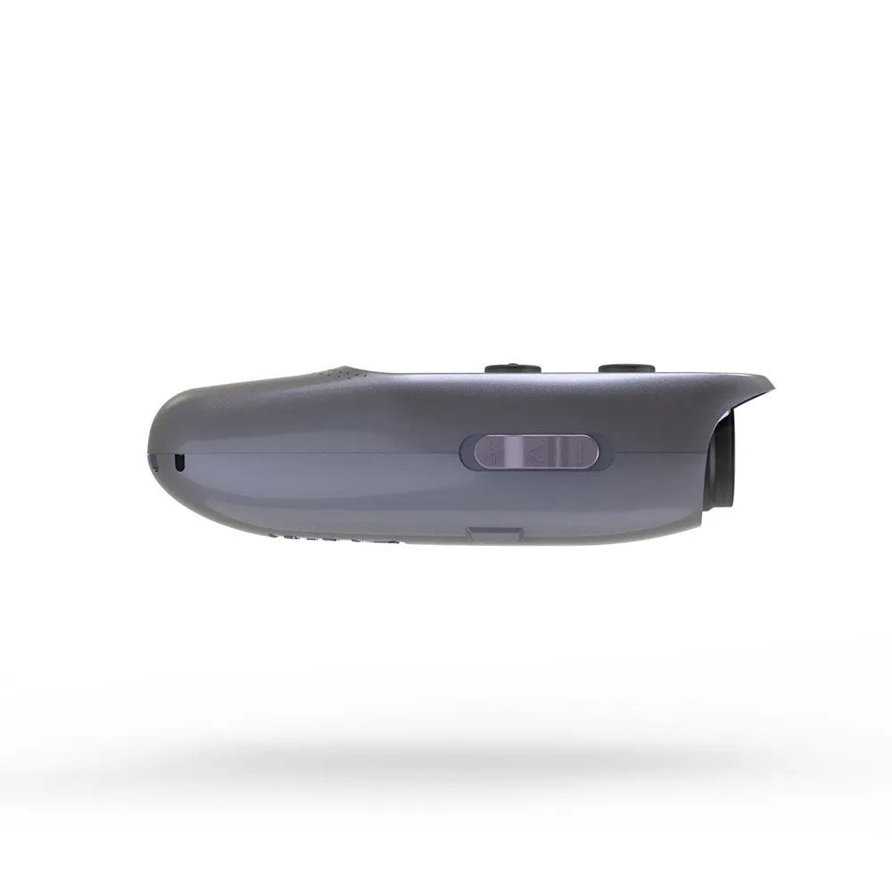 Black handheld ultrasonic dog bark deterrent with hanging string, 300 mAh rechargeable battery, 20–25KHZ frequency, and 10m range.