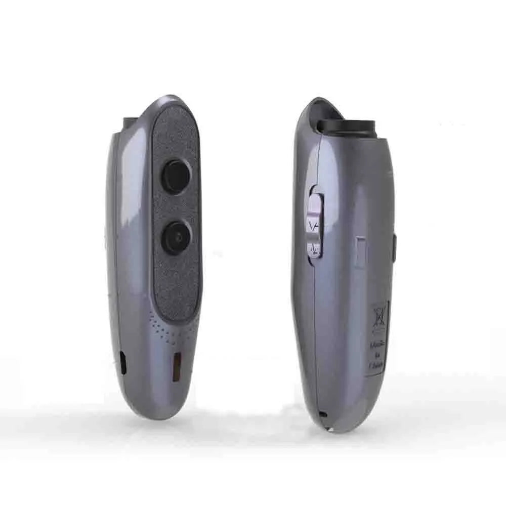 Black handheld ultrasonic dog bark deterrent with hanging string, 300 mAh rechargeable battery, 20–25KHZ frequency, and 10m range.