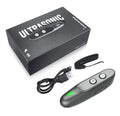 Black handheld ultrasonic dog bark deterrent with hanging string, 300 mAh rechargeable battery, 20–25KHZ frequency, and 10m range.