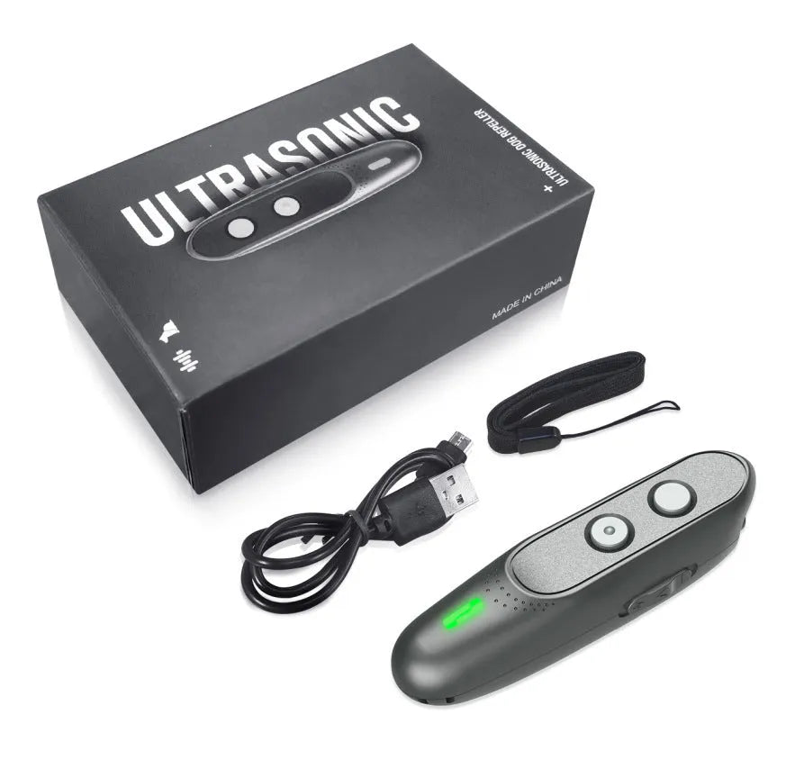 Black handheld ultrasonic dog bark deterrent with hanging string, 300 mAh rechargeable battery, 20–25KHZ frequency, and 10m range.