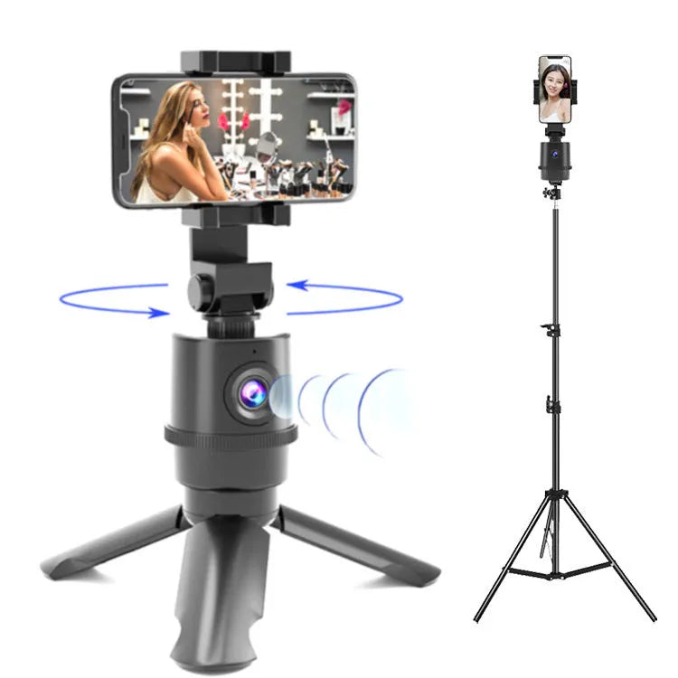 Intelligent AI tracking pan tilt camera bracket mounted on a selfie pole, holding a smartphone.