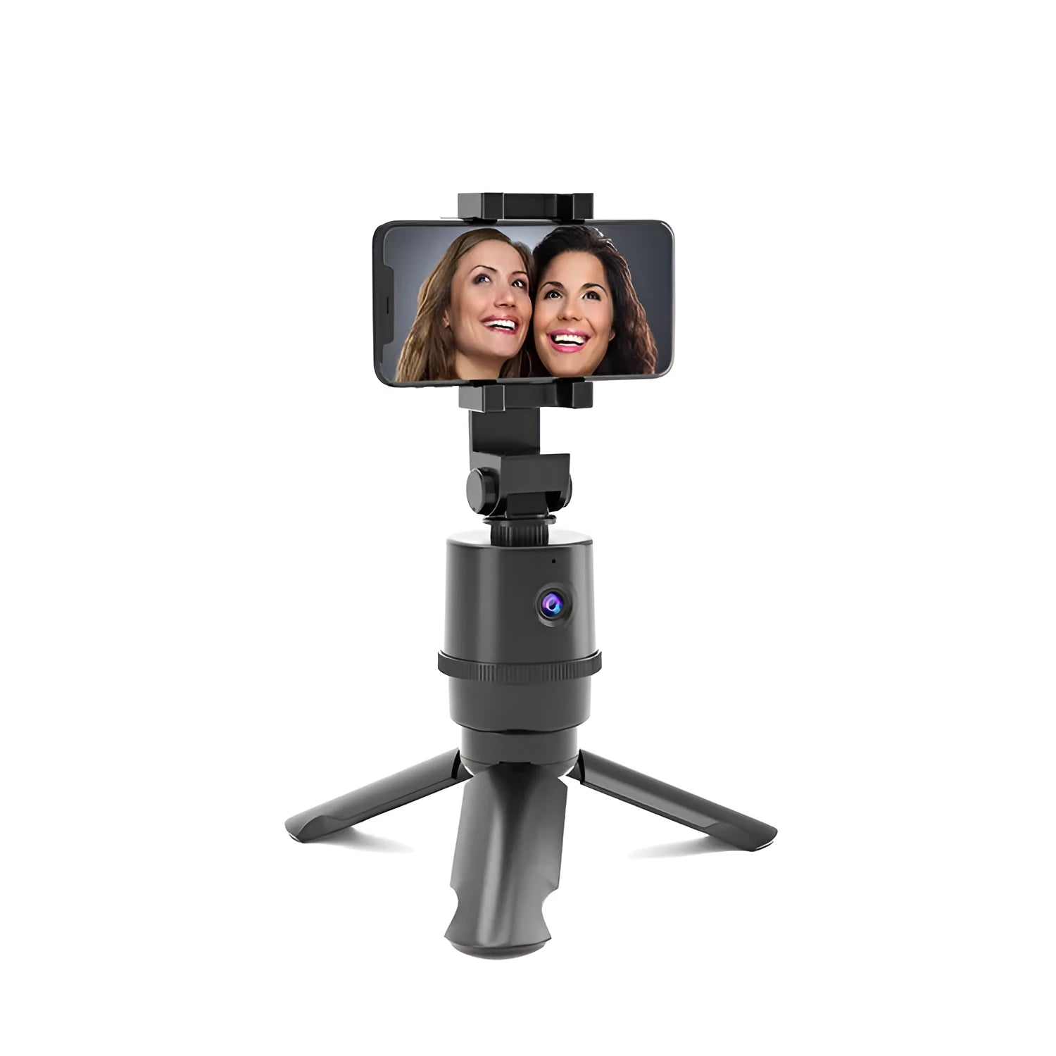 Intelligent AI tracking pan tilt camera bracket mounted on a selfie pole, holding a smartphone.