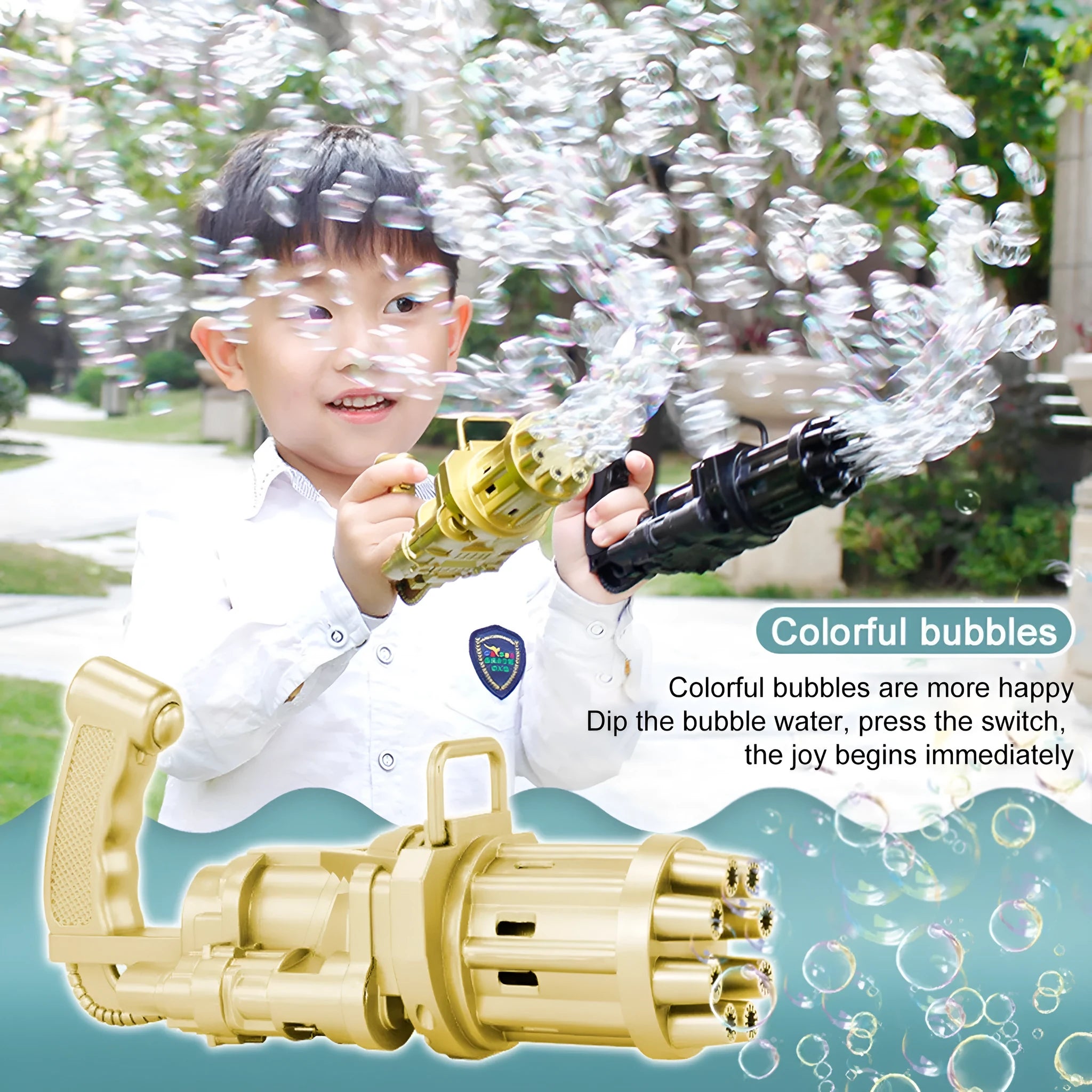 Child holding a pink, gold, or black ABS plastic bubble machine gun toy blowing bubbles.