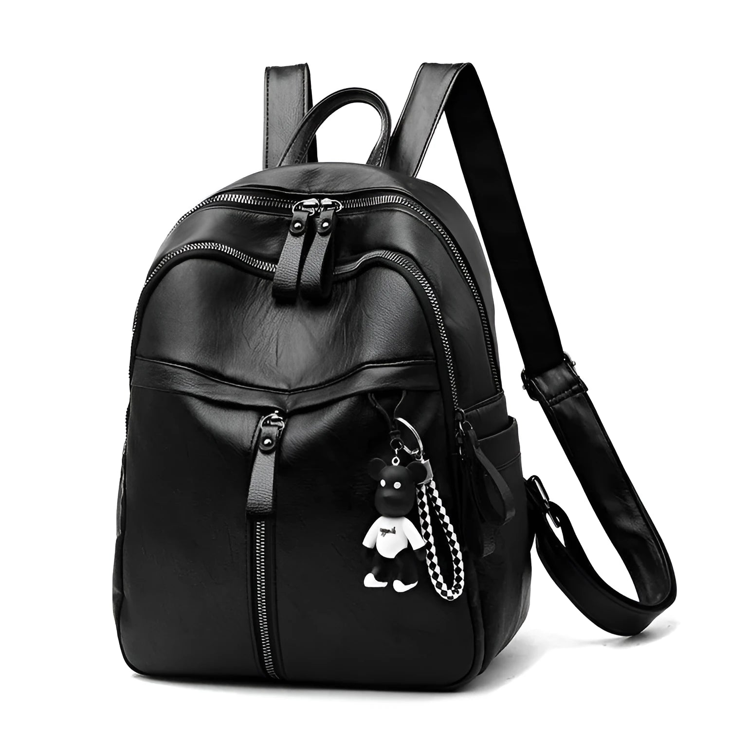 Black medium-size PU leather soft surface backpack with double straps and a zipper opening
