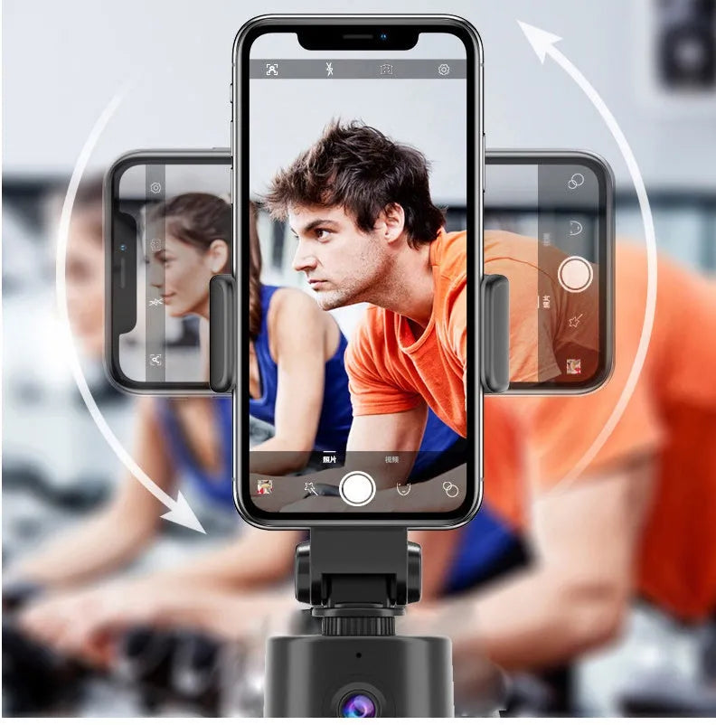 Intelligent AI tracking pan tilt camera bracket mounted on a selfie pole, holding a smartphone.