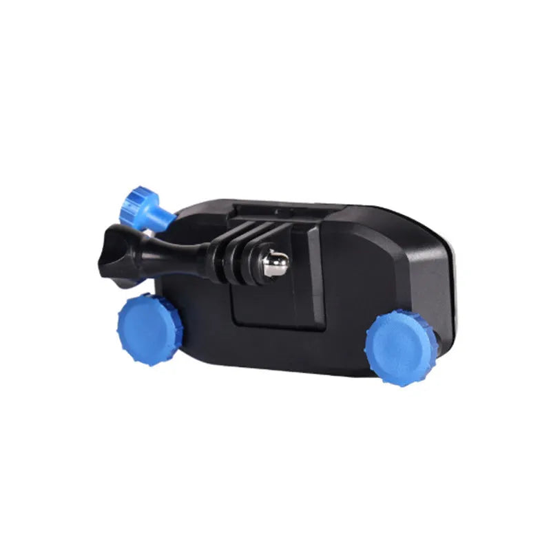 Blue plastic sports camera backpack mounting clip with shoulder strap buckle attachment