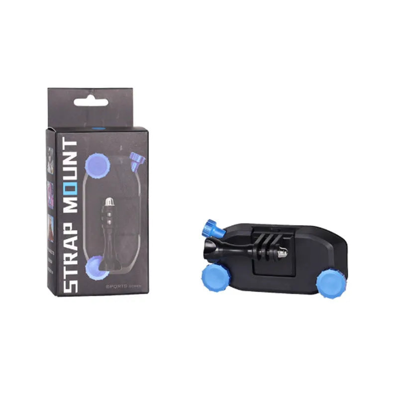 Blue plastic sports camera backpack mounting clip with shoulder strap buckle attachment