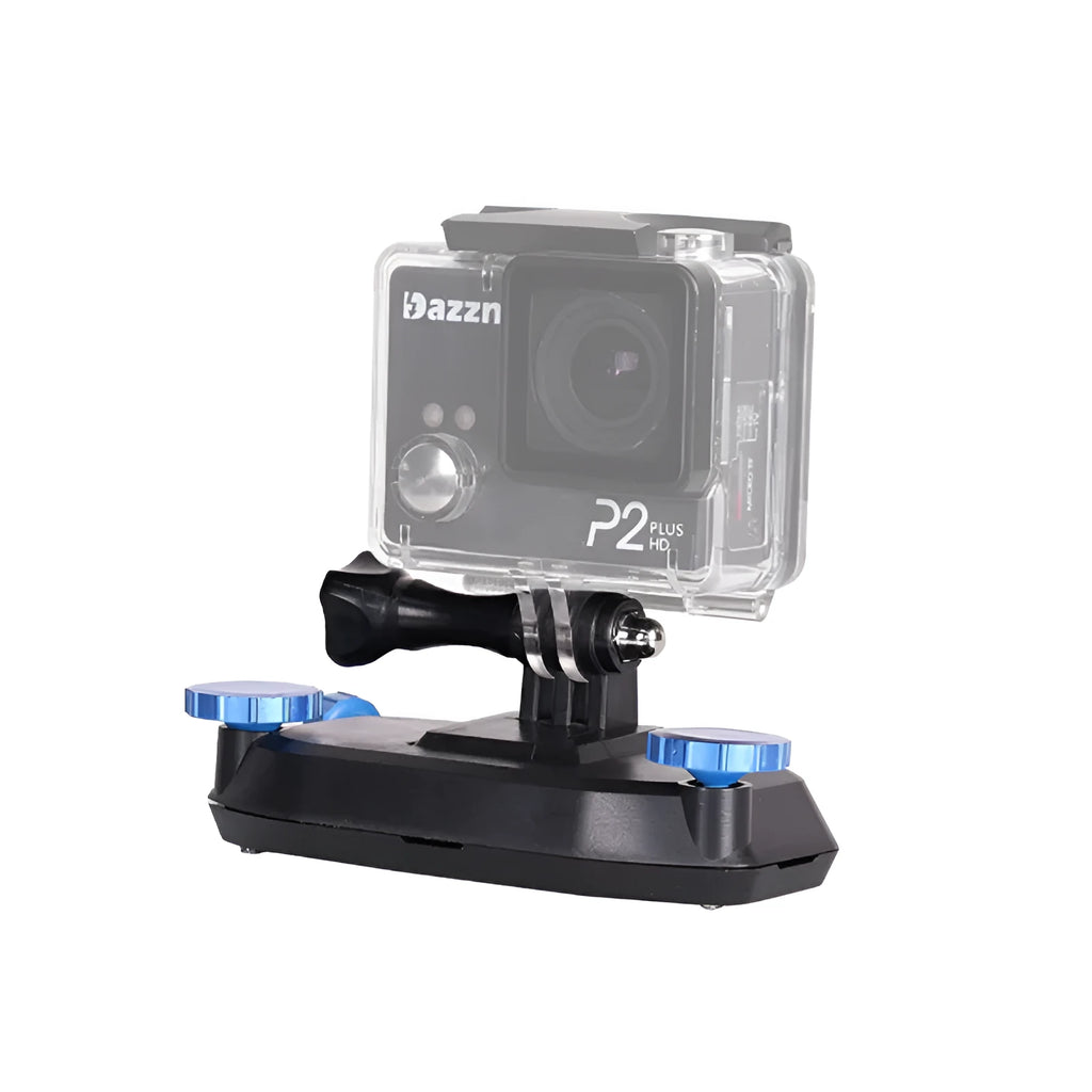 Blue plastic sports camera backpack mounting clip with shoulder strap buckle attachment