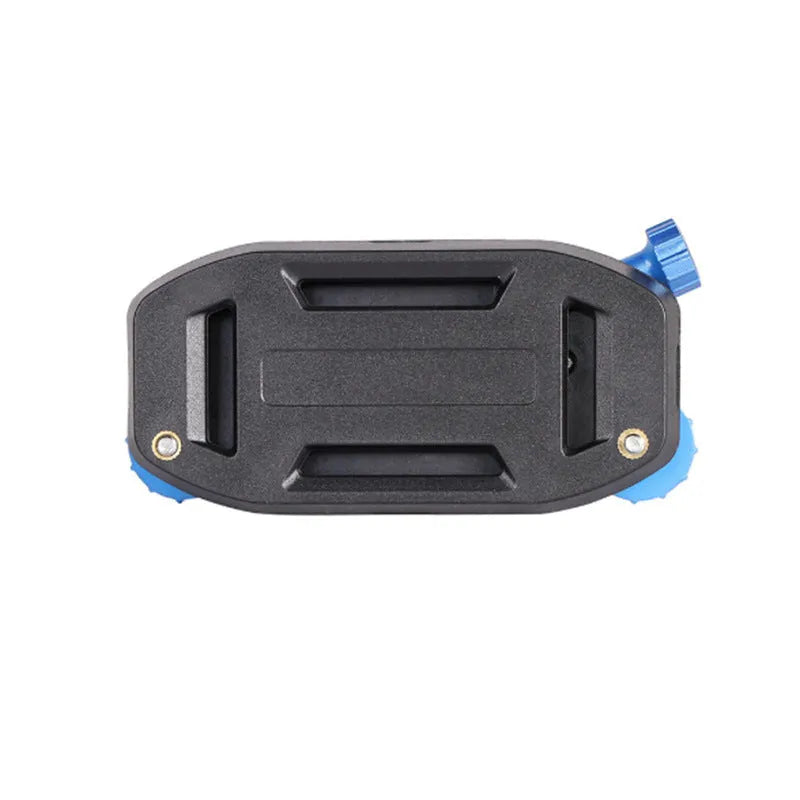 Blue plastic sports camera backpack mounting clip with shoulder strap buckle attachment