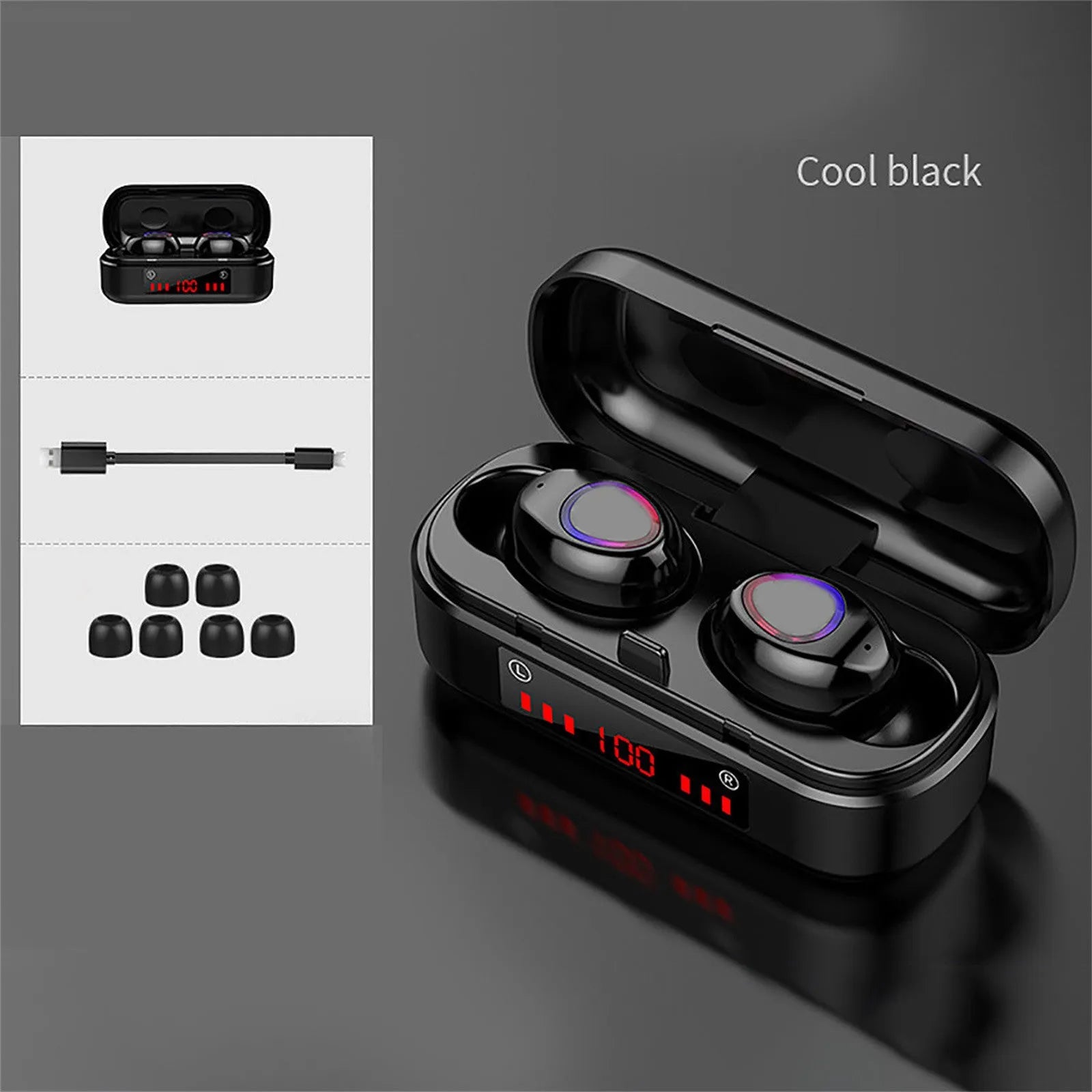 Wireless Bluetooth 5.0 TWS headset with LED buttons and three ear cap sizes