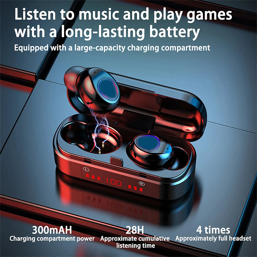 Wireless Bluetooth 5.0 TWS headset with LED buttons and three ear cap sizes