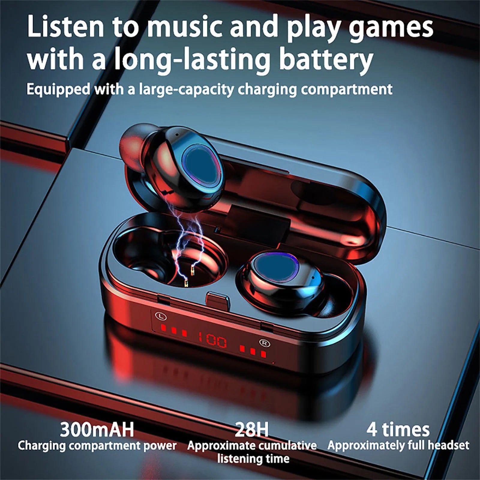 Wireless Bluetooth 5.0 TWS headset with LED buttons and three ear cap sizes