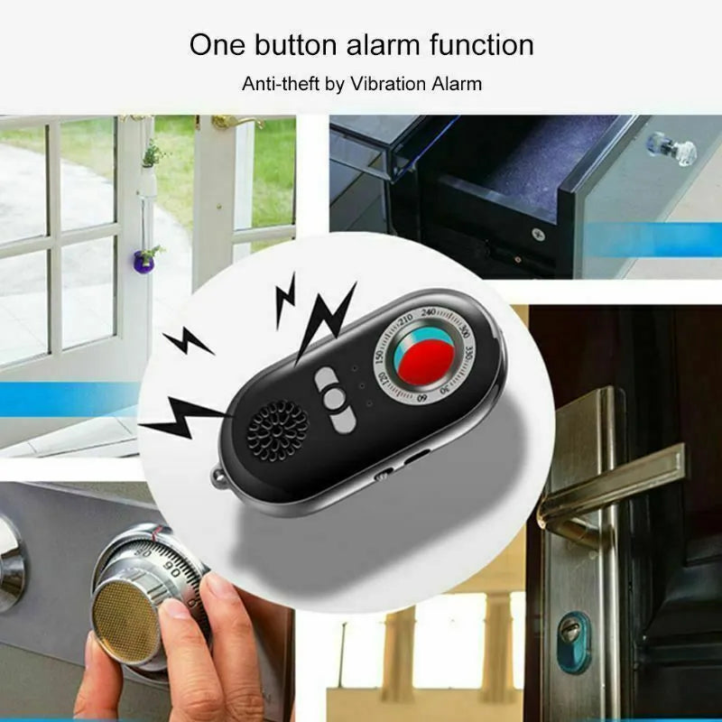 Compact black wireless anti-theft alarm detector for travel security with vibration sensor.