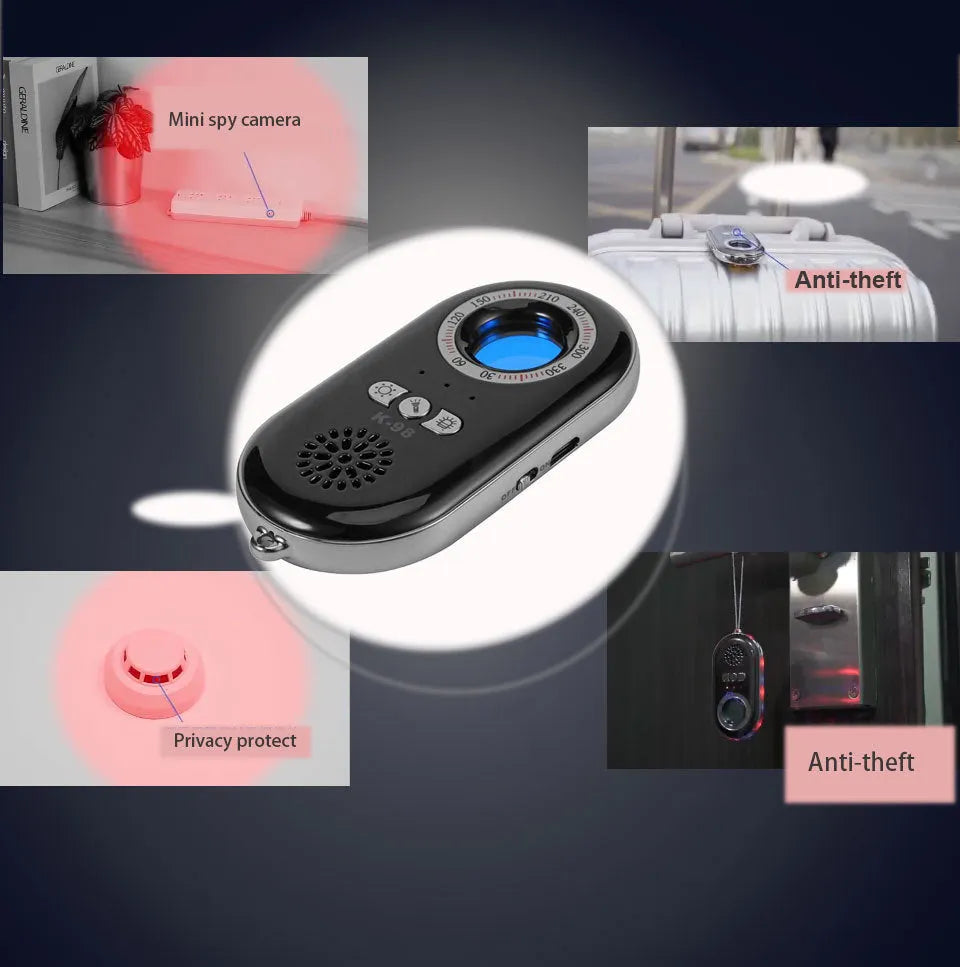 Compact black wireless anti-theft alarm detector for travel security with vibration sensor.