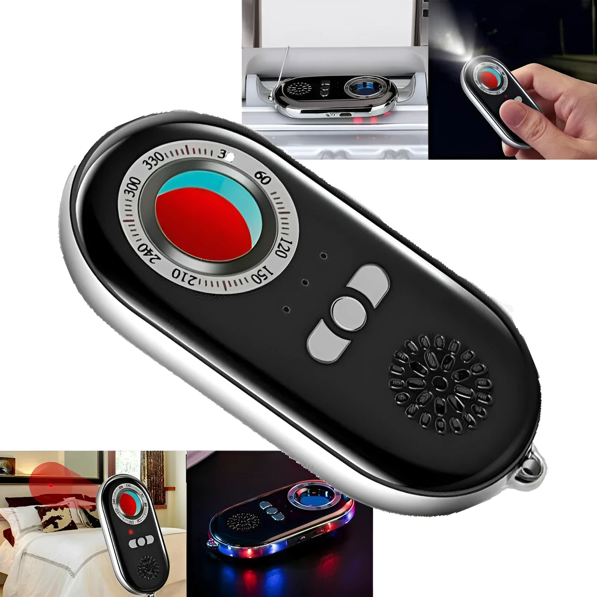 Compact black wireless anti-theft alarm detector for travel security with vibration sensor.